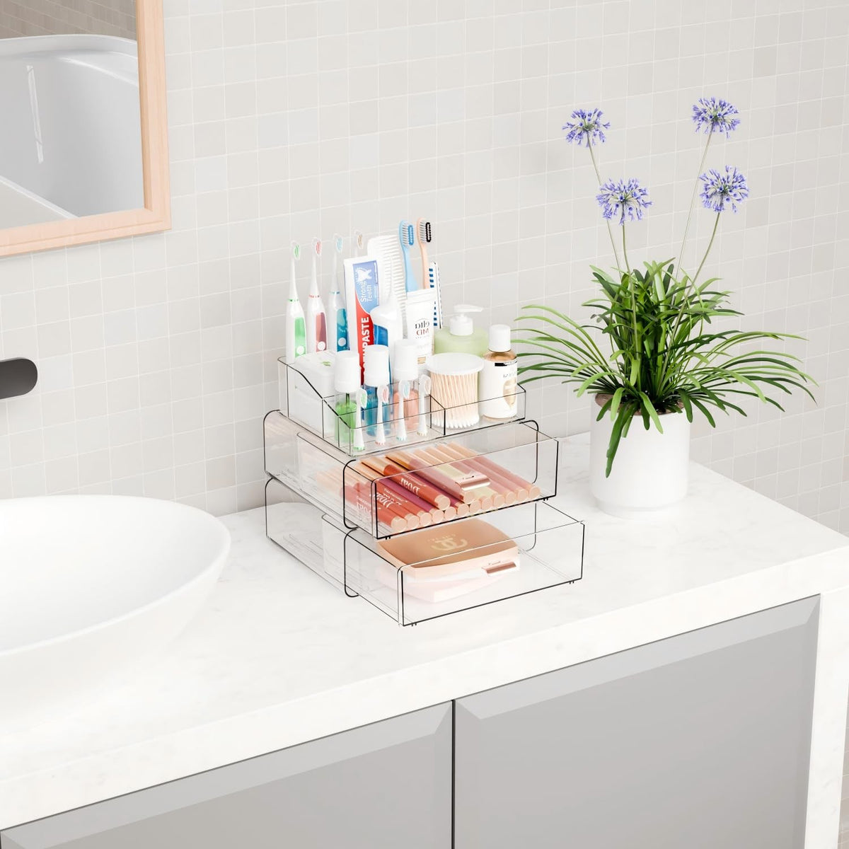 Acrylic Makeup Organizer with 2 Drawers and 8 Compartments, Countertop Storage