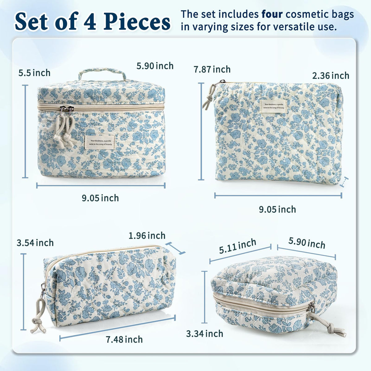 Large Cotton Quilted Travel Makeup Bag Set - Floral Sky Blue 4 Pack