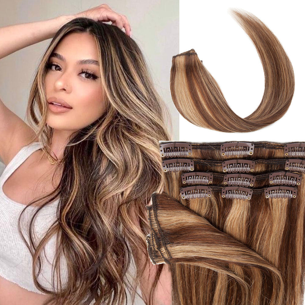 Clip-In Human Hair Extensions Full Head 8 Pieces Remy Hair for Volume & Length