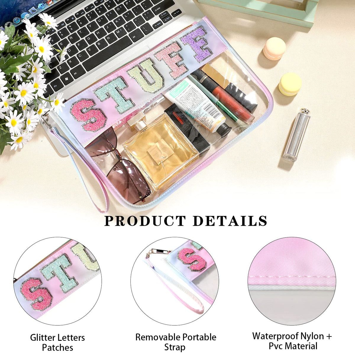 Clear Nylon Travel Makeup Bag with Chenille Letter Zipper Pouch 11.8x8.2 Inch