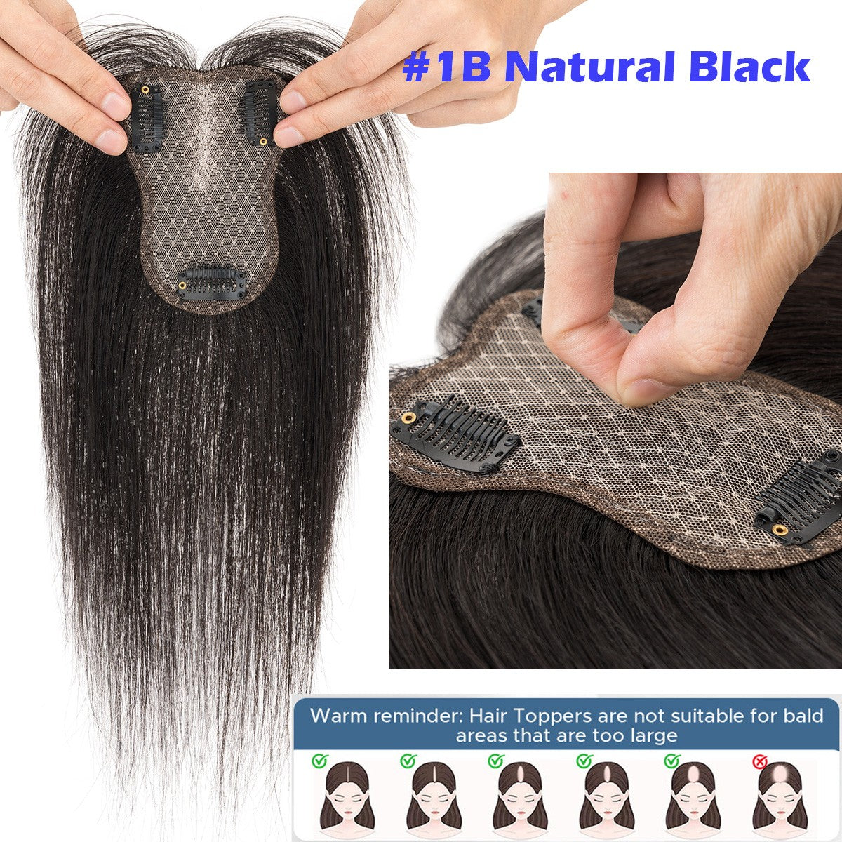 Remy Human Hair Clip-In Topper with Silk Lace Base & Bangs - Custom Sizes & Colors