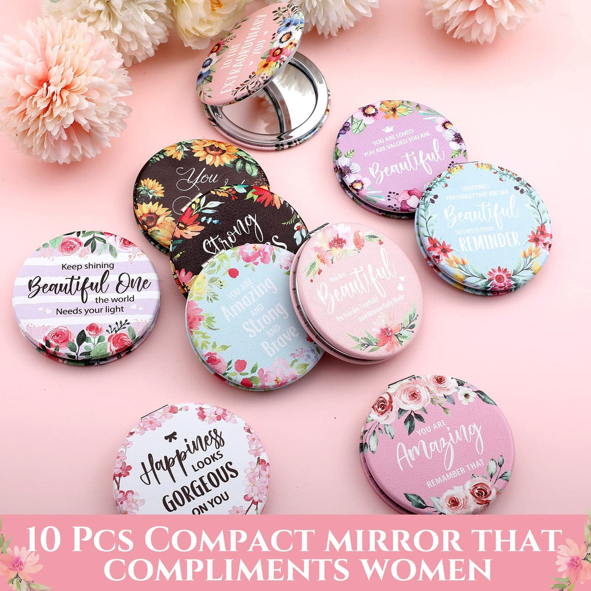 10 Pack Floral Double Sided Compact Makeup Mirrors with Inspirational Quotes