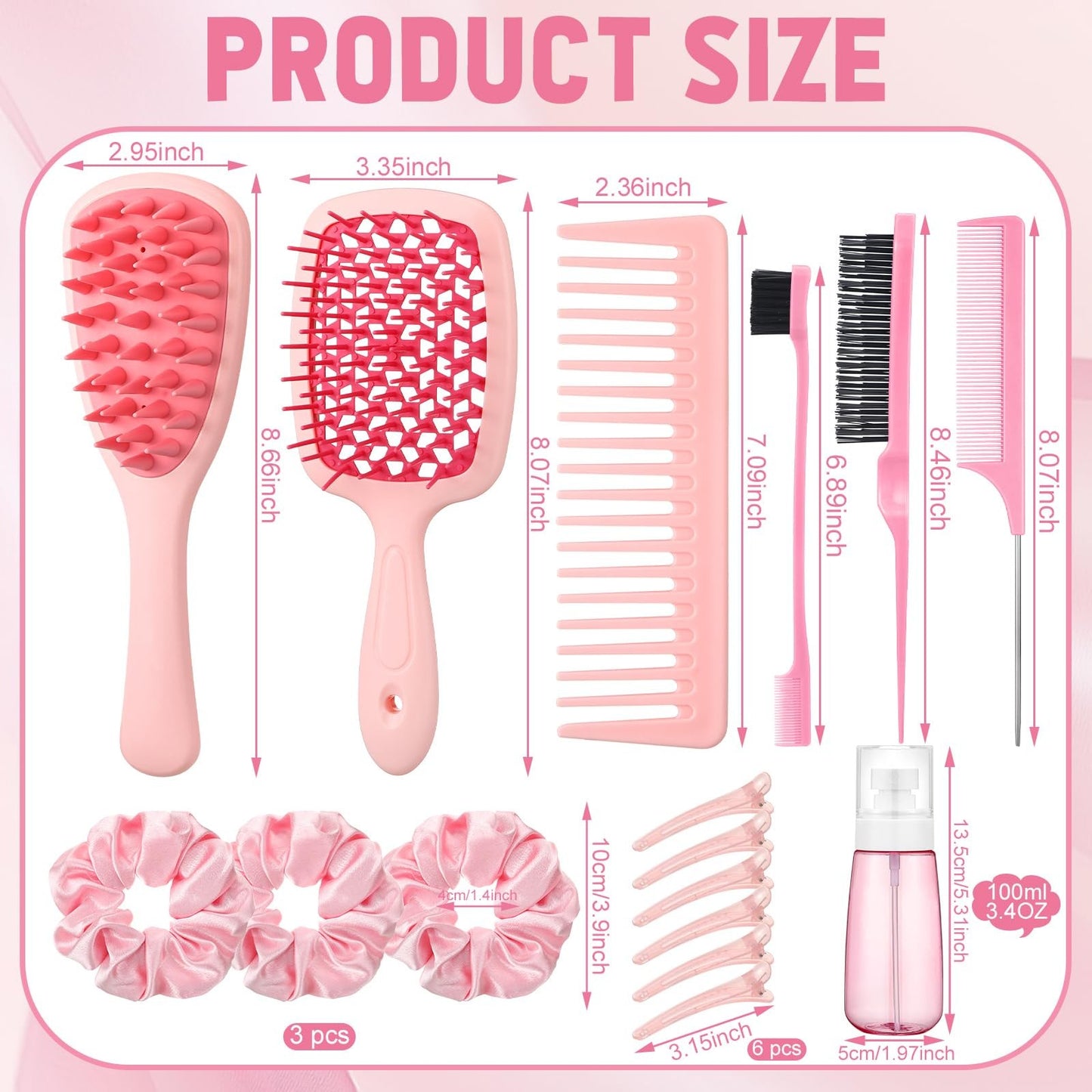 Pink Hair Brush Set for Women and Girls with Scalp Scrubber - 16 Pieces