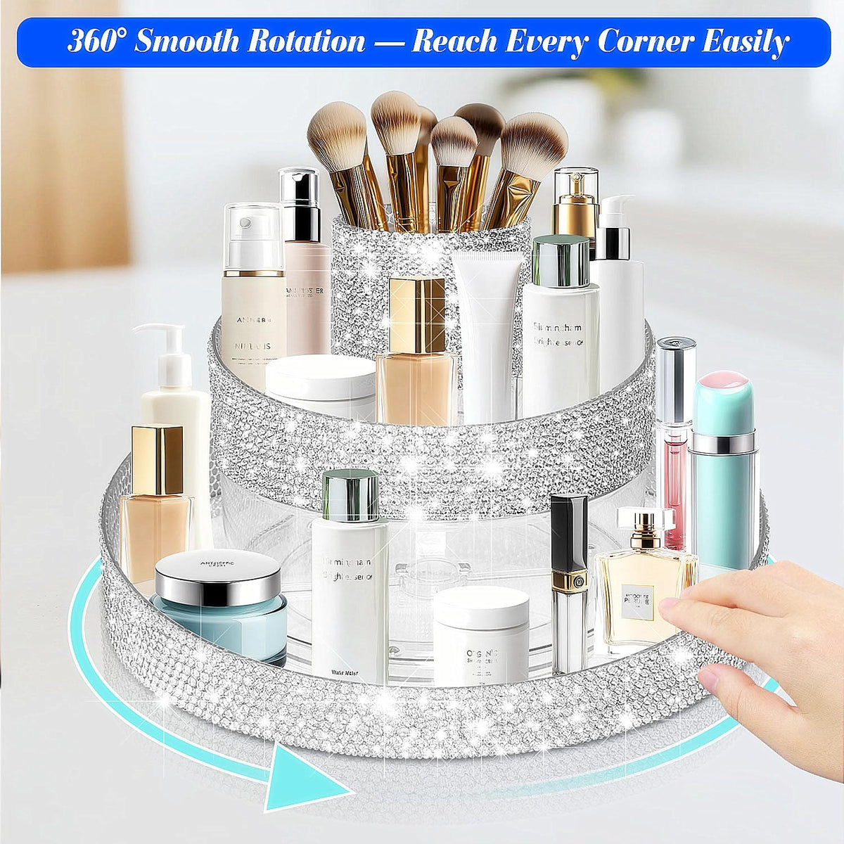 Rotating Makeup Organizer Acrylic Vanity Storage with Rhinestones