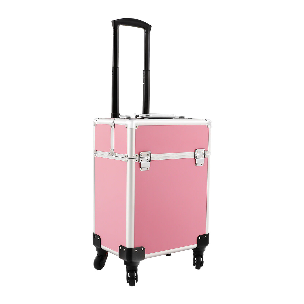 Pink Aluminum Rolling Makeup Train Case with 4 Trays & Retractable Handle