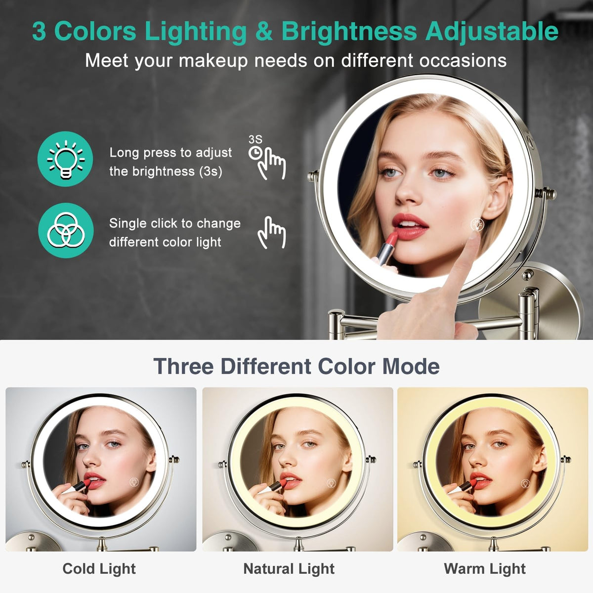 Lighted Makeup Mirror with Magnification 8.5 Inch Rechargeable 3 Light Modes