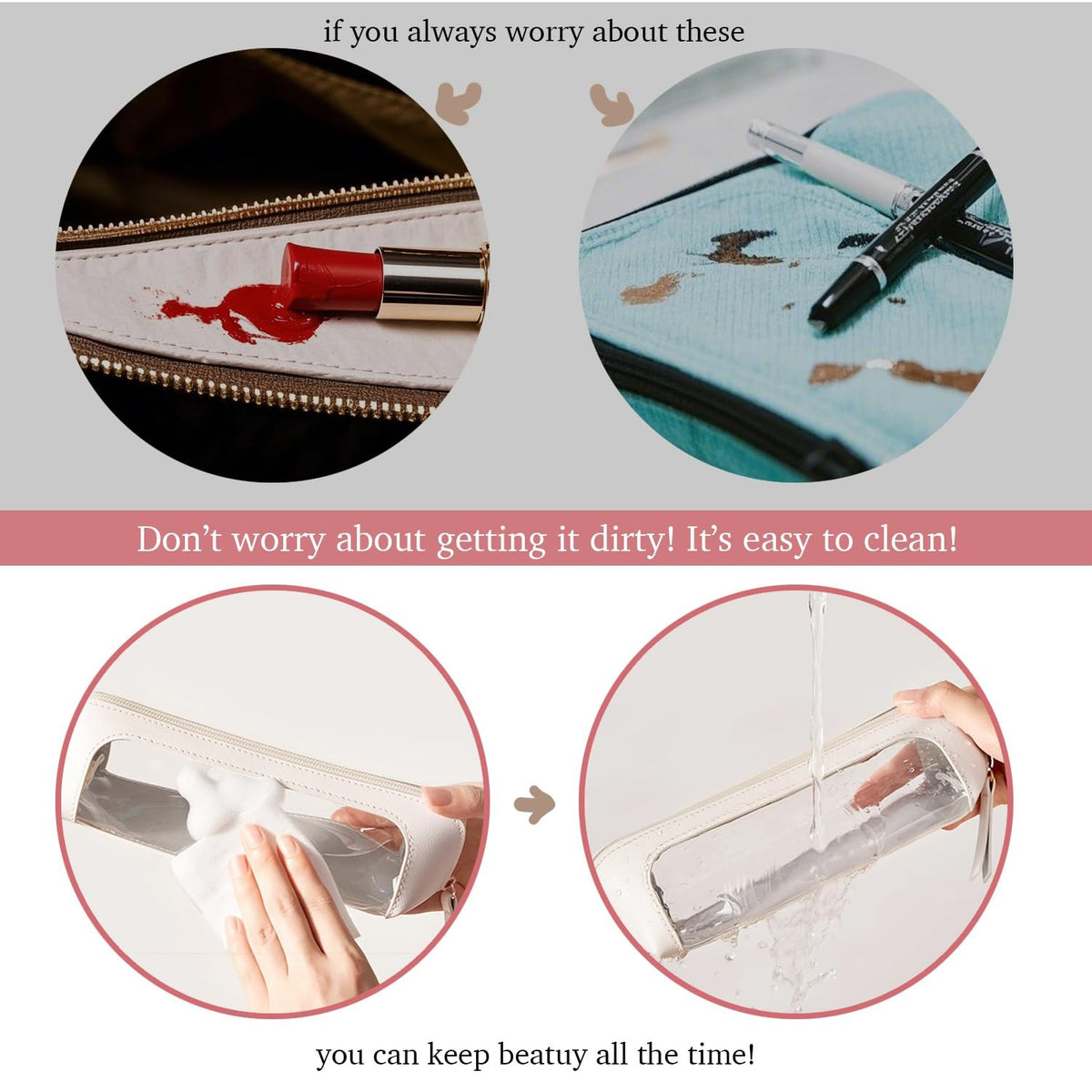 Clear Makeup Brush Bag Case Leather Travel Organizer with Zipper - Black