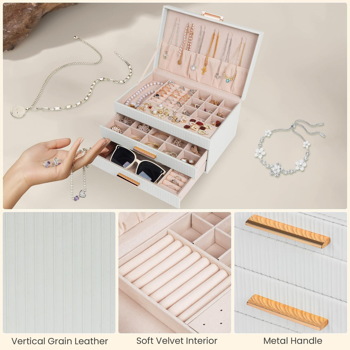 Jewelry Box Organizer with 2 Drawers - Large Capacity White Storage Case