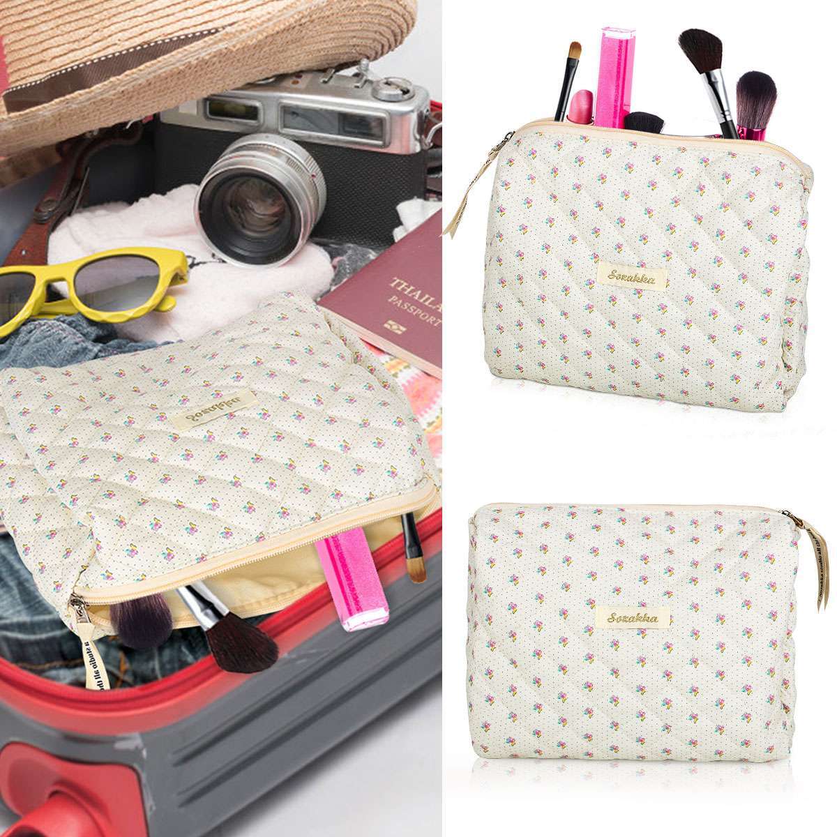Elegant Travel Cosmetic Bag Organizer with Flower Pattern - Padded Toiletry Storage