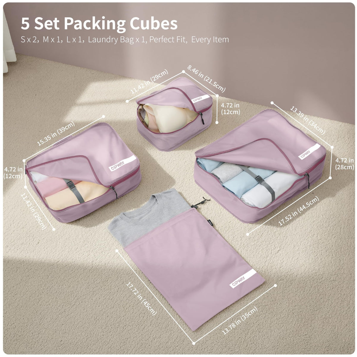 Travel Packing Cubes Set – 5 Durable Nylon Luggage Organizers in Mauve Pink
