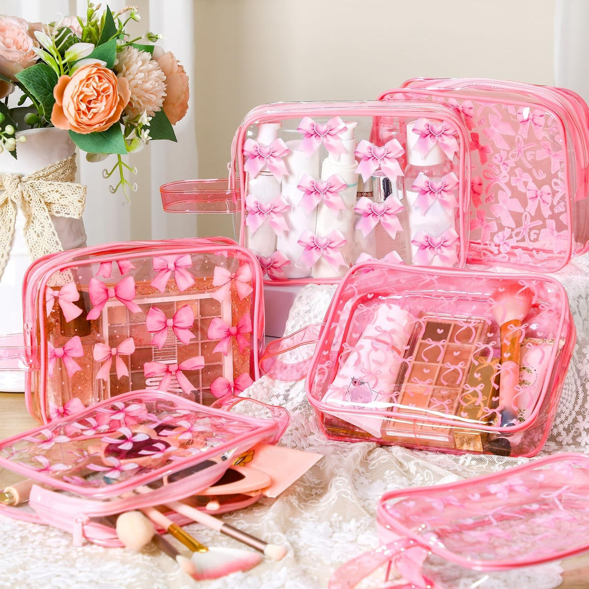 6-Piece Pink Bow Makeup Bags Set | Coquette Cosmetic Travel Pouches
