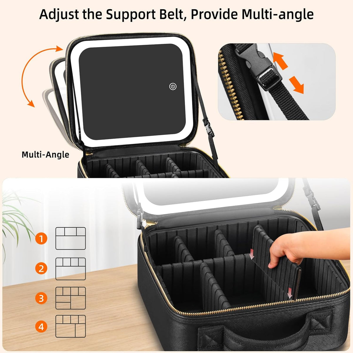 Portable Makeup Organizer with LED Mirror 10x Magnification and Adjustable Dividers