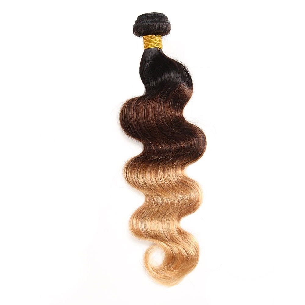 100% Human Hair Weave: Ombre Body Wave 1 Bundle 14-20in (1B/4/27)