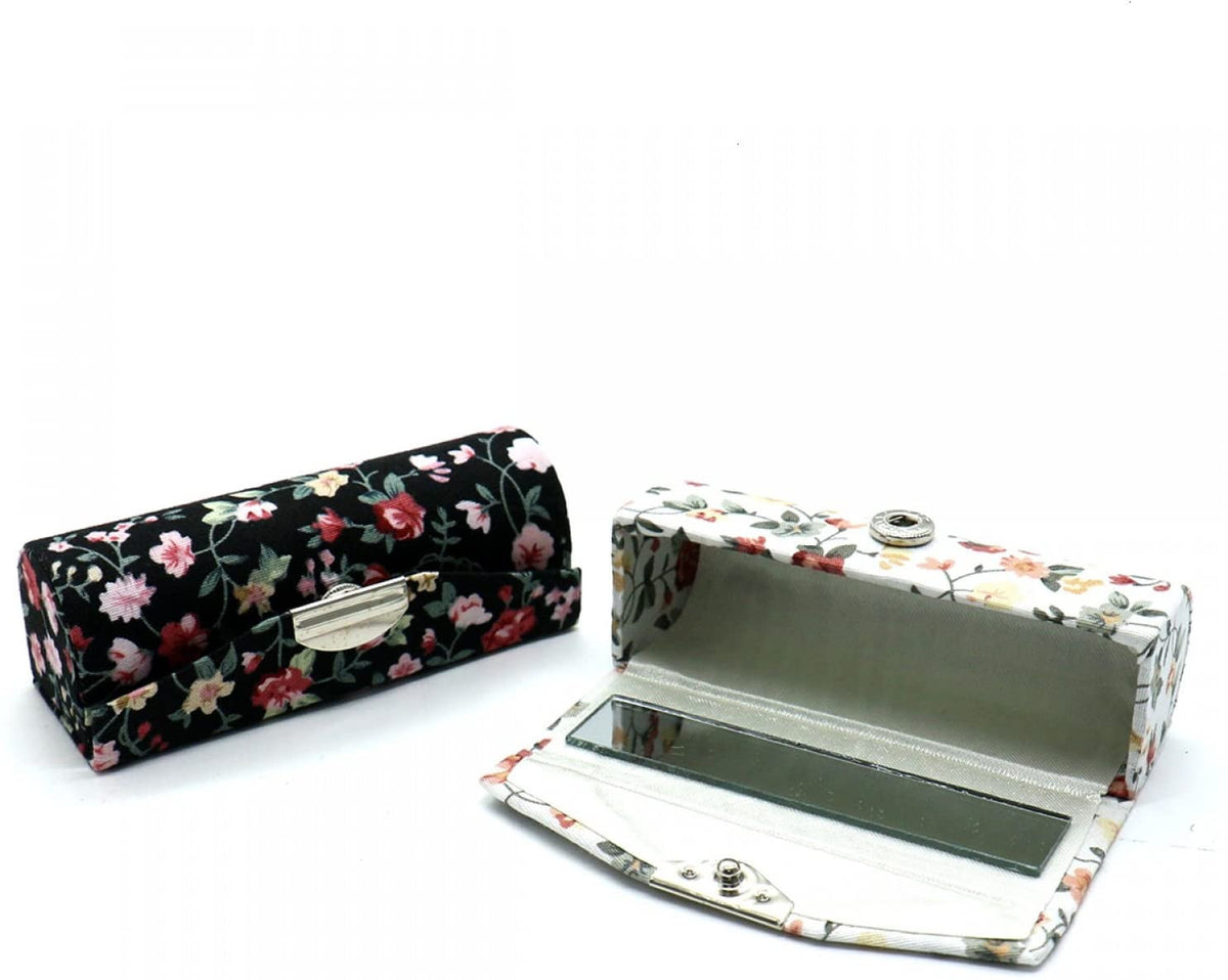 Ladies Floral Lipstick Case Holder with Mirror - Travel Cosmetic Organizer