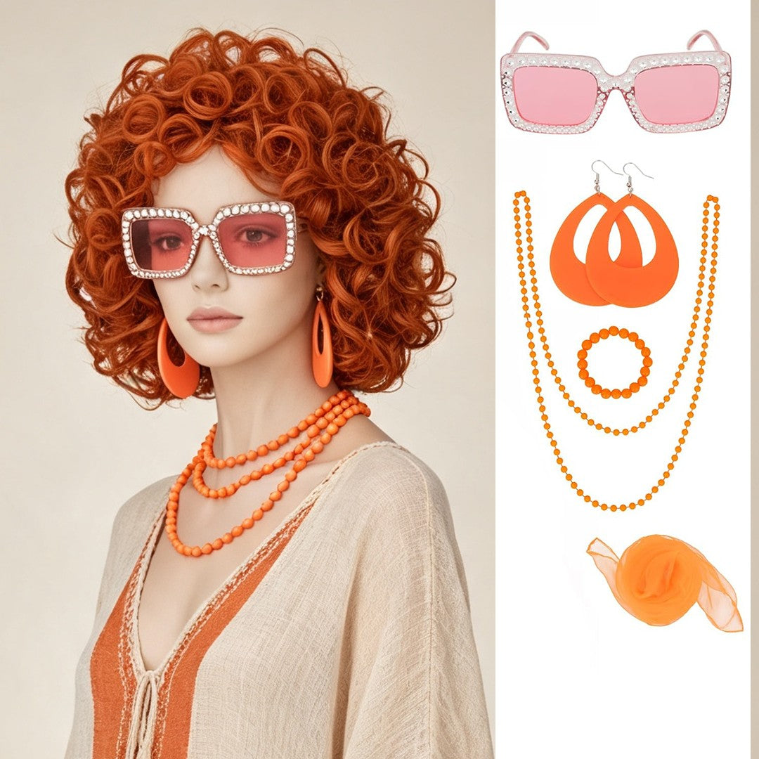 Women Cosplay Wigs Curly Orange Red Halloween Costume Wig with Accessories