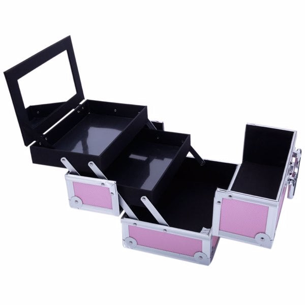 Pink Aluminum Makeup Train Case with Mirror, 9x6x6 in - Jewelry Organizer SM-2176