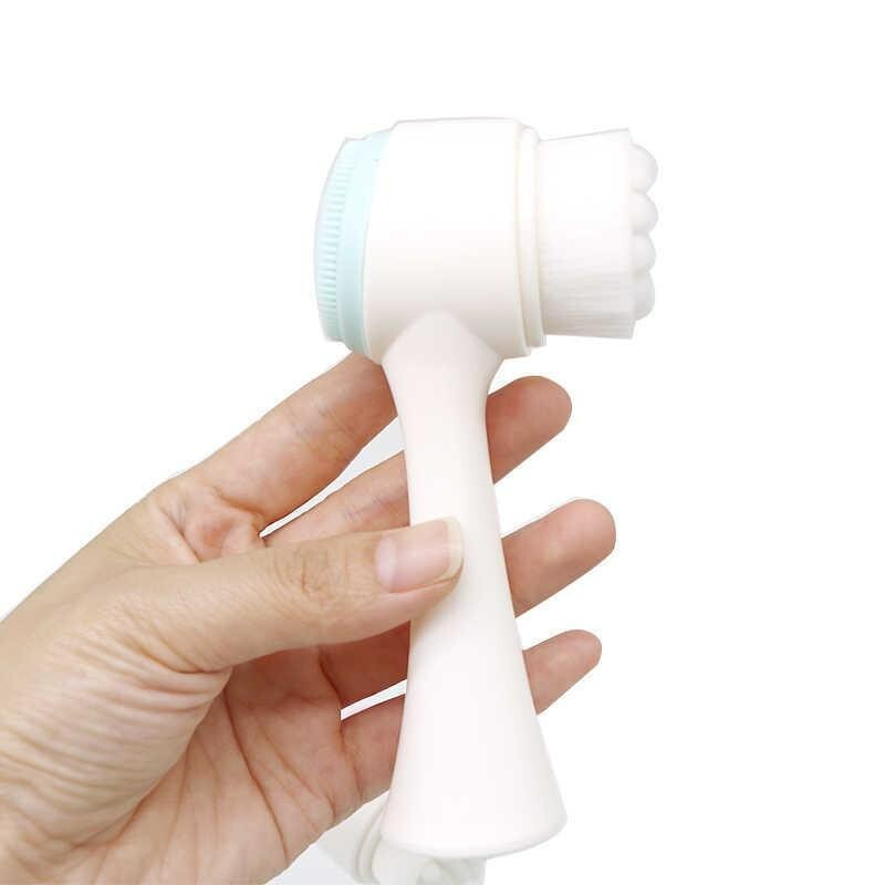 2-in-1 Double Sided Facial Brush with Handle - Soft Bristles & Silicone Massager (Blue & Pink)