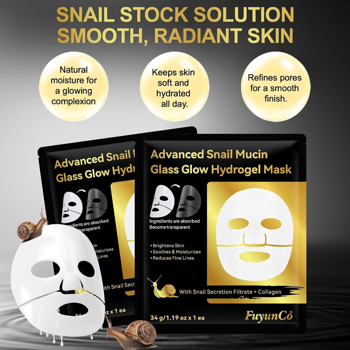 Hydrating Snail Mucin Hydrogel Face Mask Pack of 4 - Anti-Aging & Moisturizing
