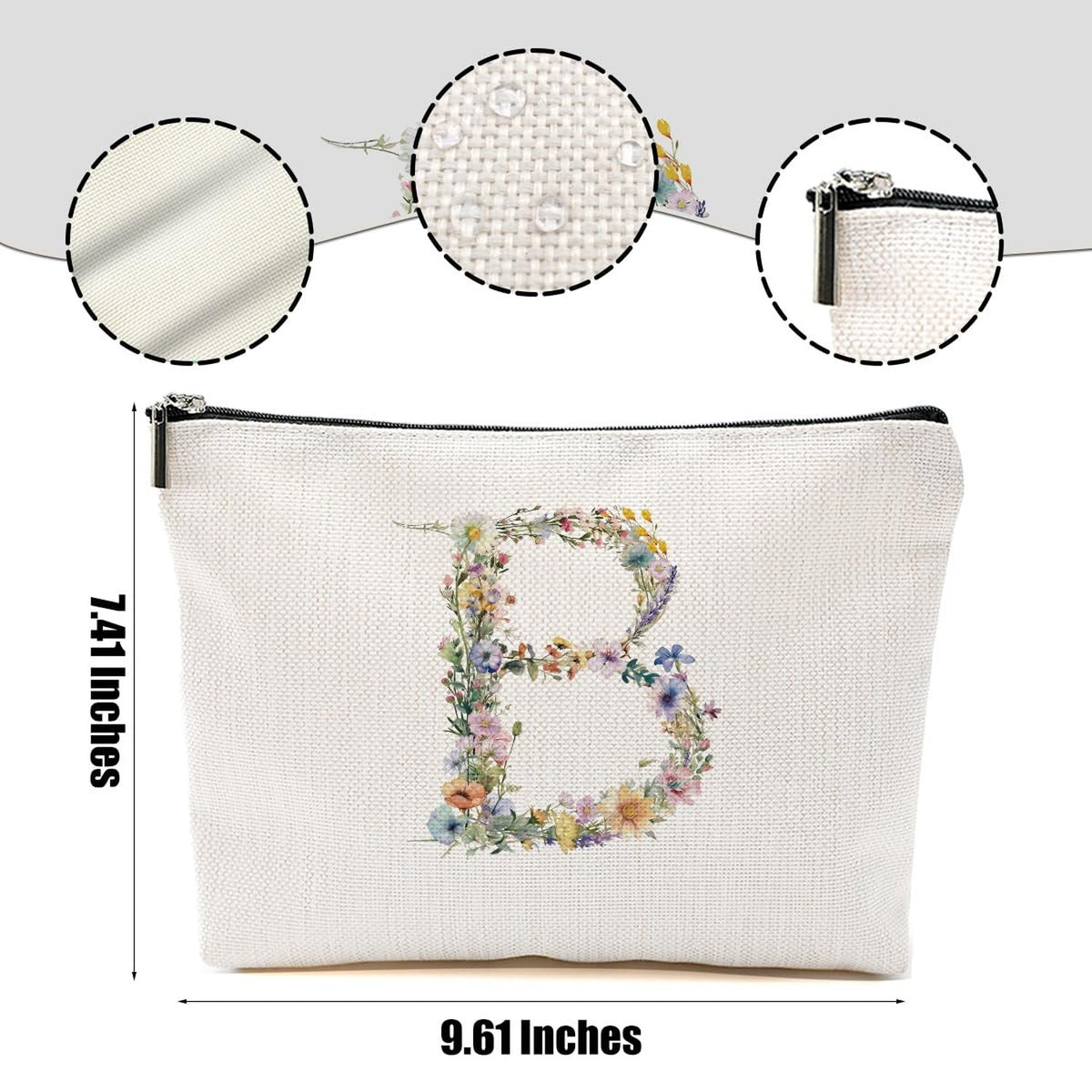 Personalized Flower Initial Makeup Bag - Monogram Cosmetic Pouch for Women & Girls