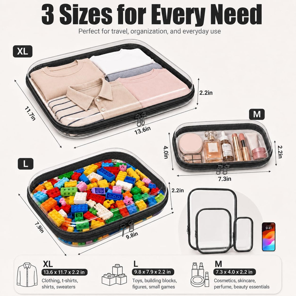 3 Pack Transparent Hard Shell Zipper Cases for Travel and Storage