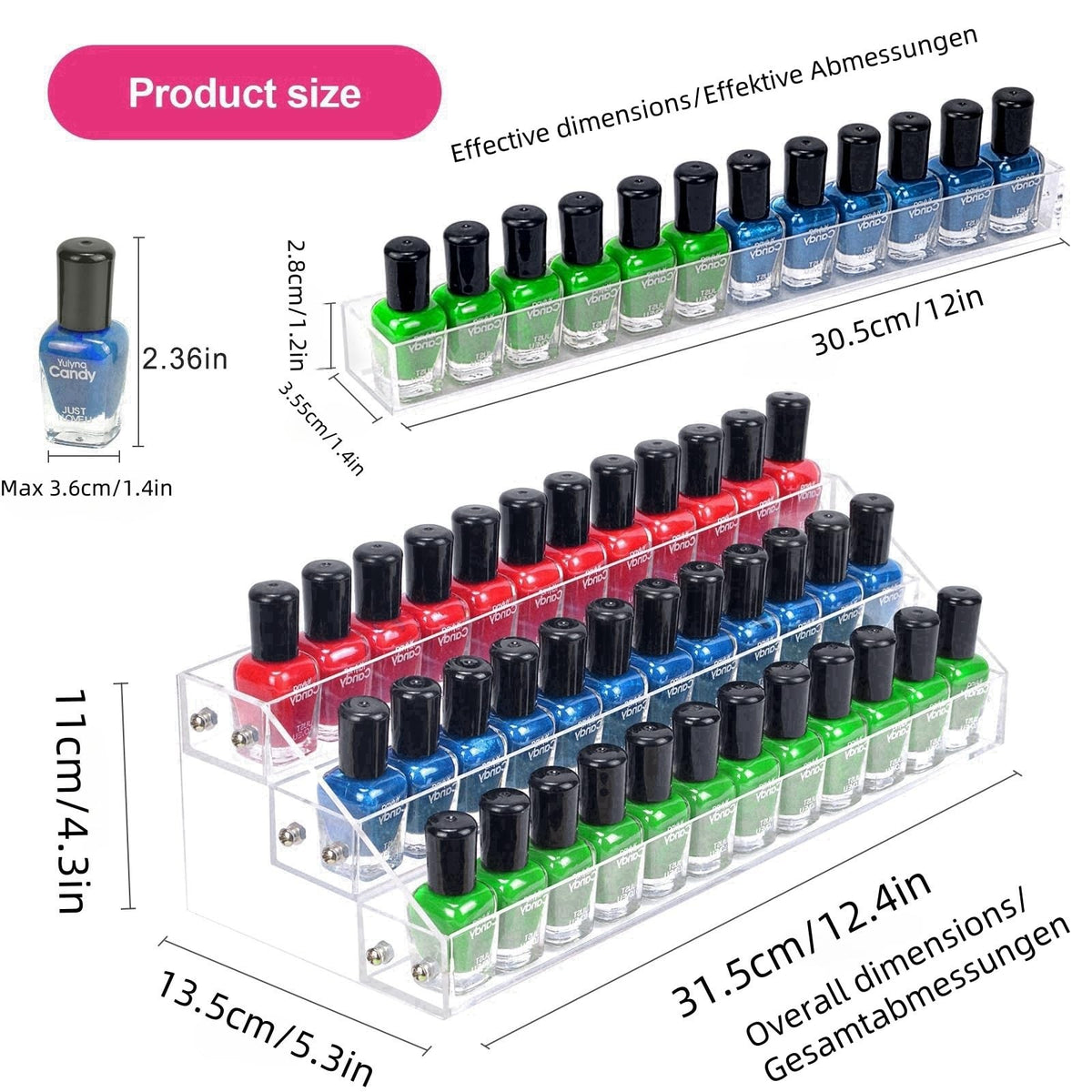 Acrylic Nail Polish Organizer Rack - 3 Tier Storage for 36 Bottles