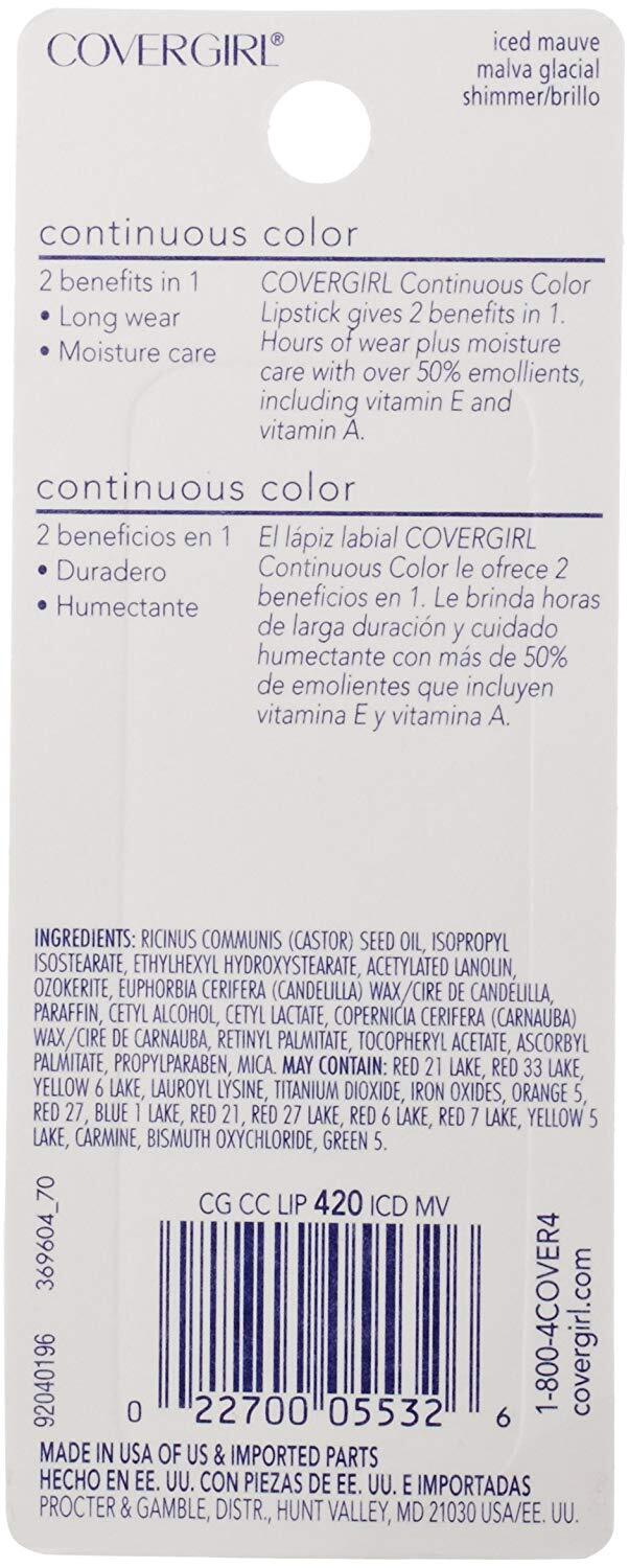 Set of 4 CoverGirl Continuous Color Lipstick Iced Mauve 420 Moisturizing Lip Makeup