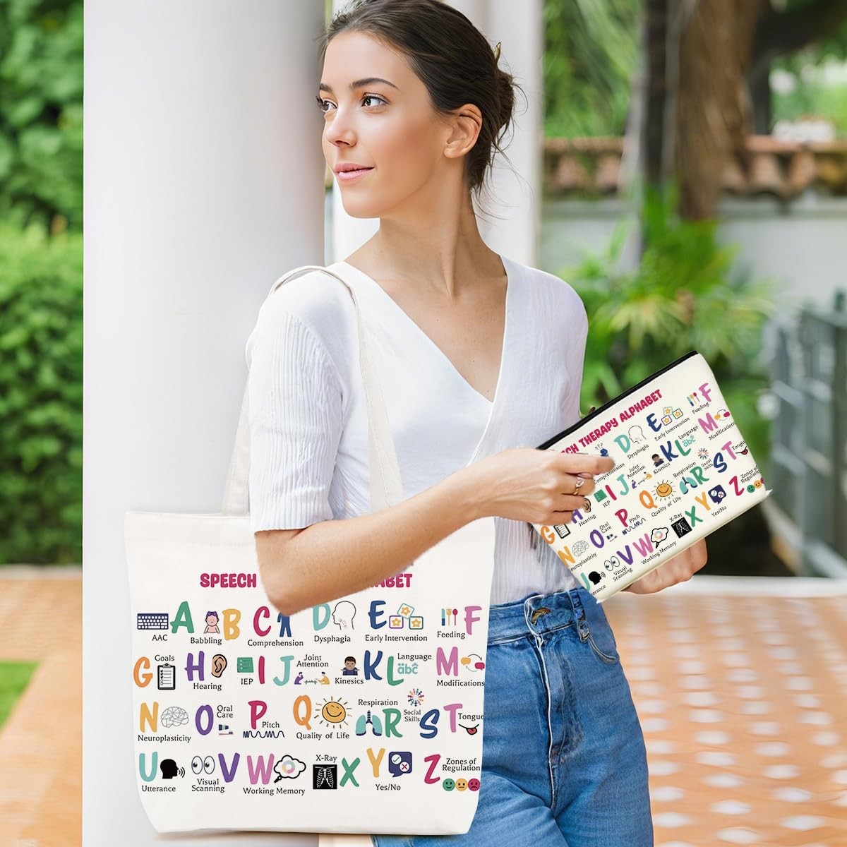 Cotton Tote Bag and Makeup Bag Set - Large Travel & Cosmetic Organizer