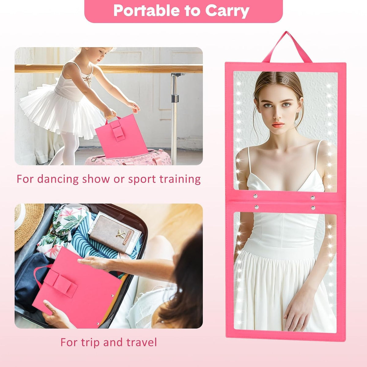 Lighted Hanging Mirror for Dance Backstage - Foldable, Rechargeable, 12.3 x 11.5 Inch, Berry