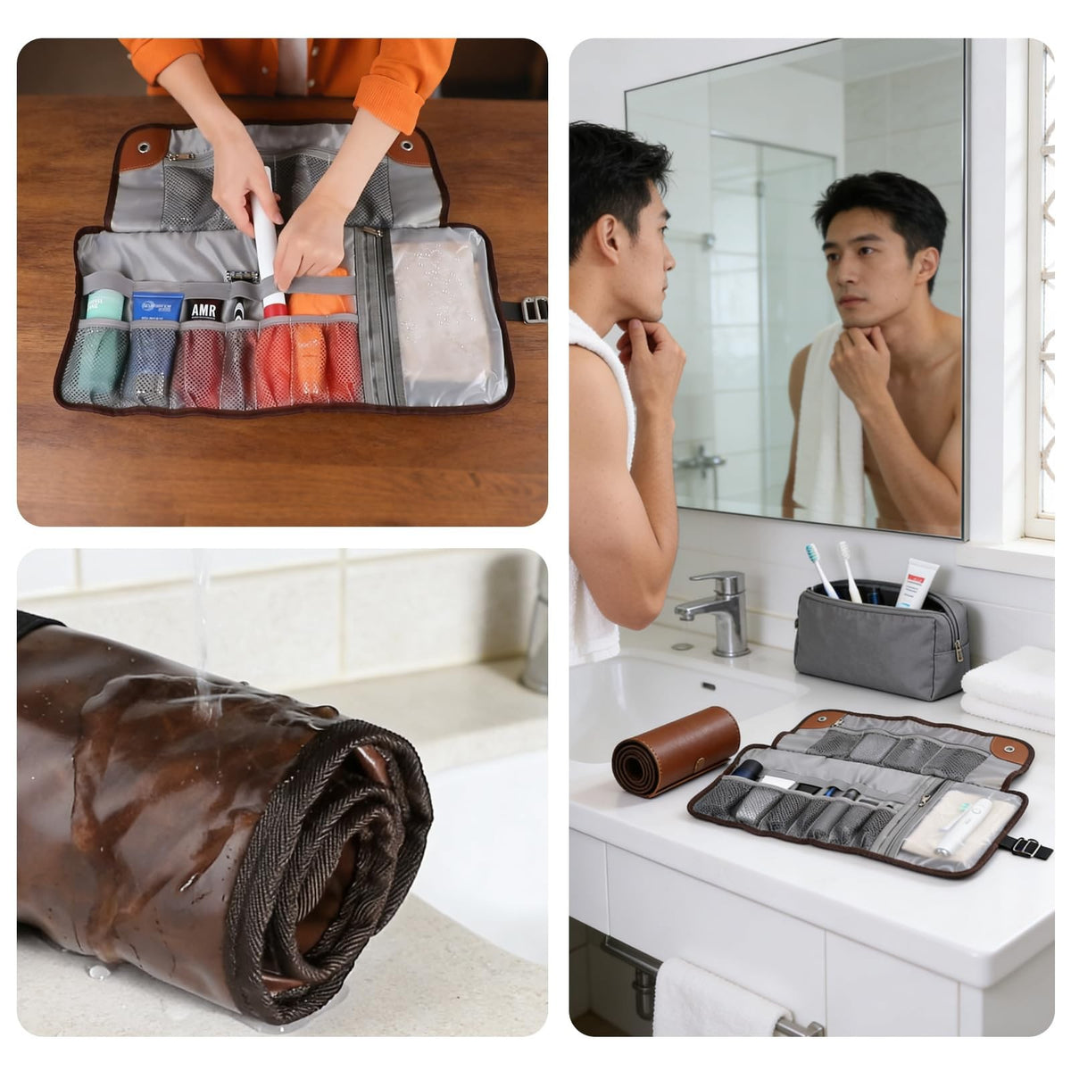 Large Men's Travel Toiletry Bag Waterproof PU Leather Organizer Roll-Up Dopp Kit