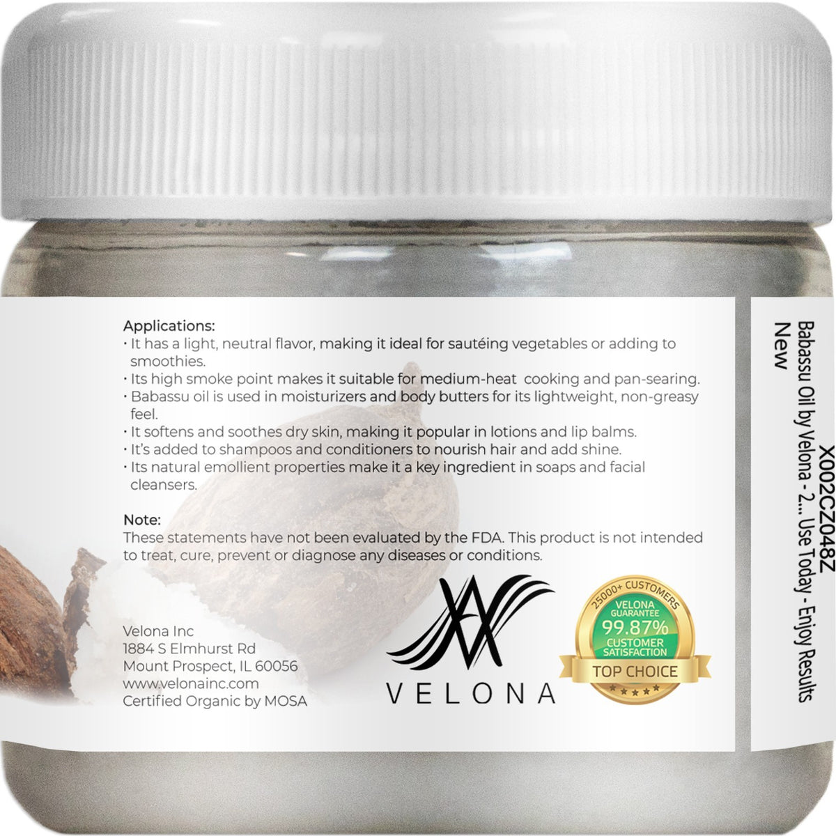 Velona Babassu Oil USDA Certified Organic 2 Fl Oz Food, Cosmetic Grade