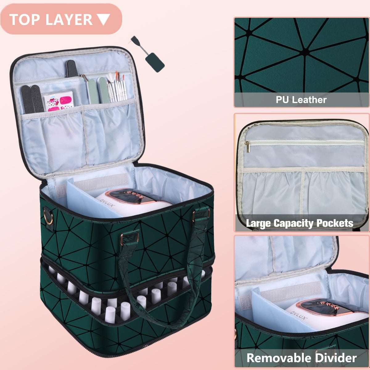 Large Nail Polish Organizer Case Holds 84+ Bottles with Lamp Travel Storage