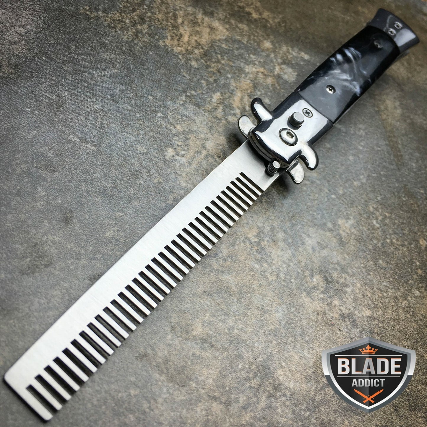 Automatic Folding Comb Switchblade Knife with Brush Black Stainless Steel Handle
