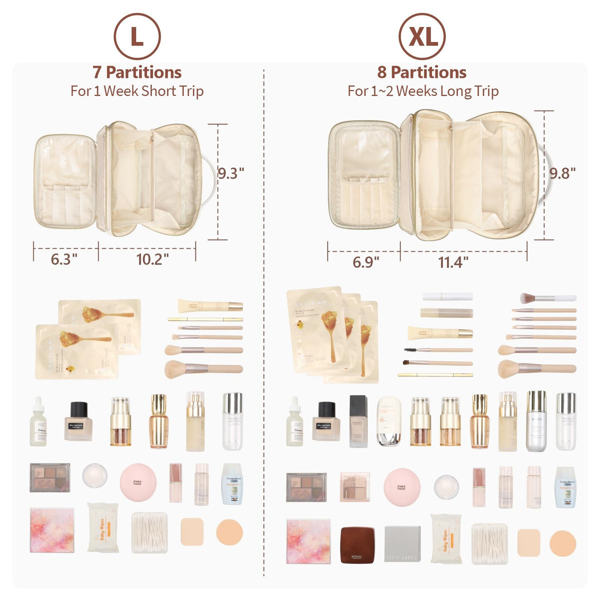 Large Quilted Travel Makeup Bag for Women - PU Leather Organizer, Cream