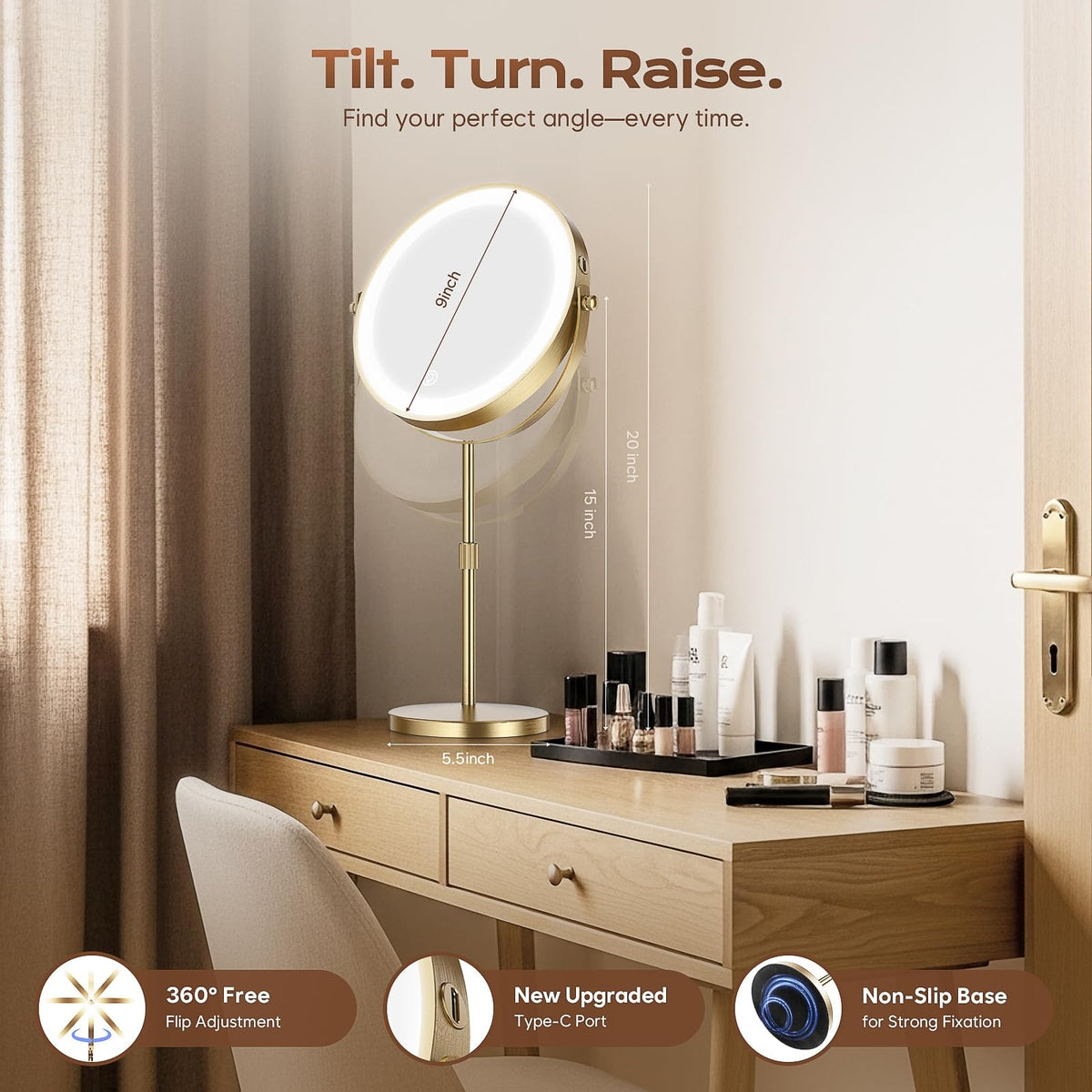 Rechargeable 9-Inch Dual-Sided Makeup Mirror with Lights, 1X/20X Magnification