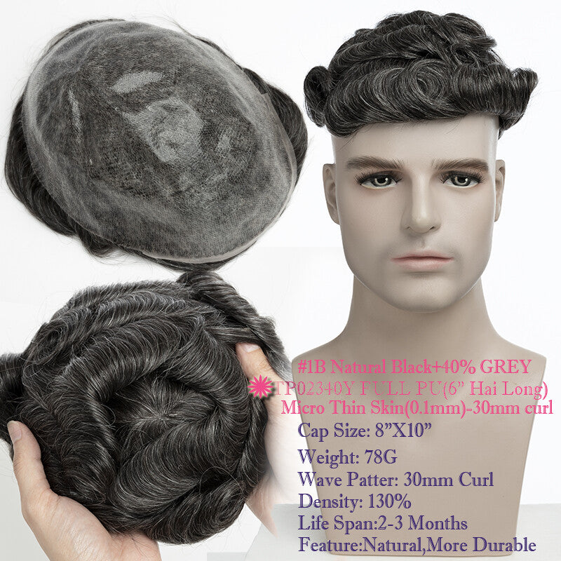 Men's Thin Skin Hair Replacement Toupee Human Hair System with Full PU Base