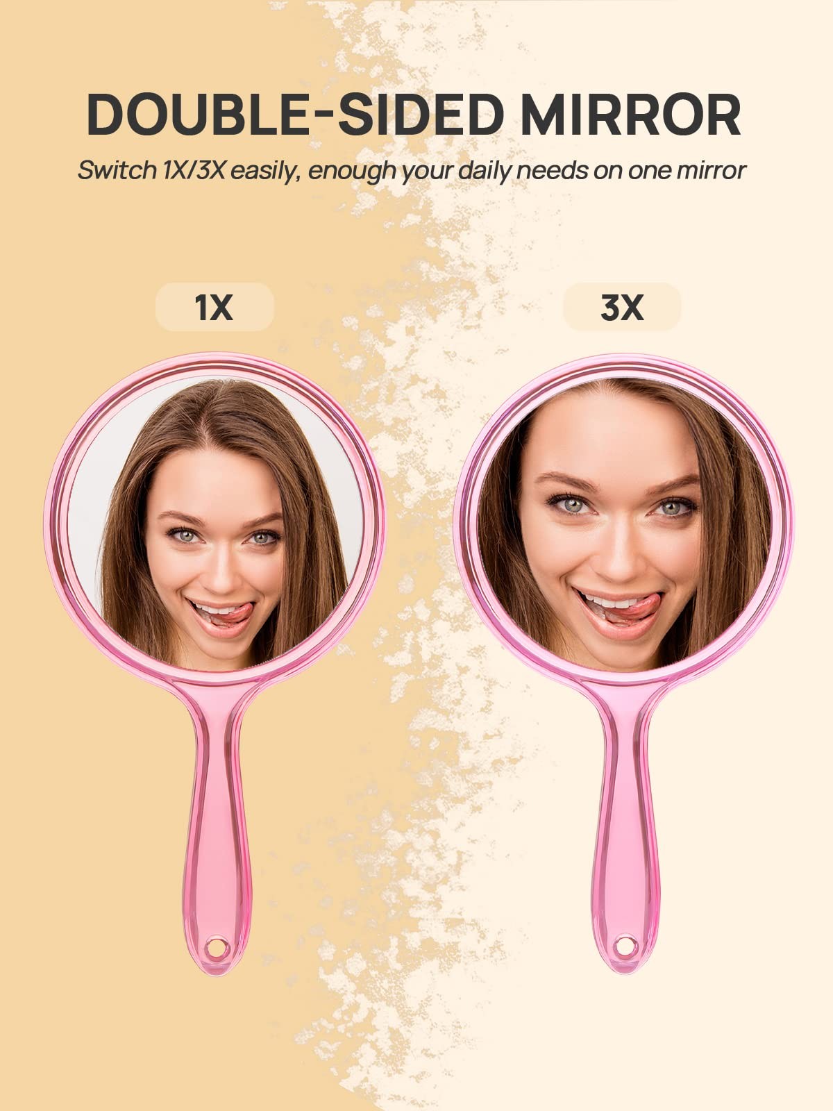 Double-Sided Handheld Mirror with Magnification - Pink, 1X & 3X