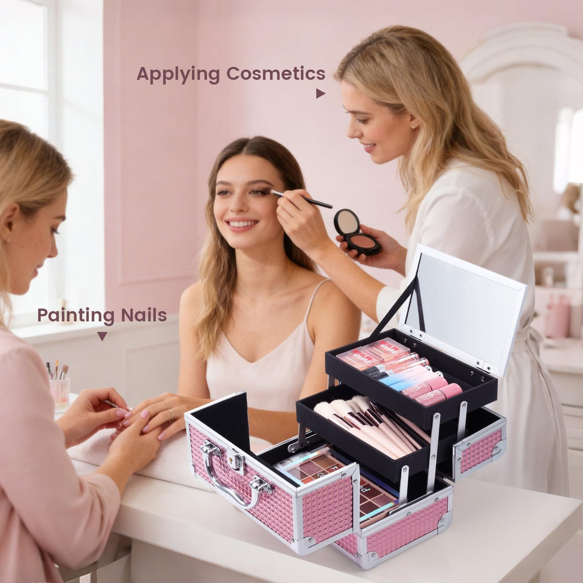 Pink Makeup Train Case with Mirror Portable Organizer Locking Hard Box