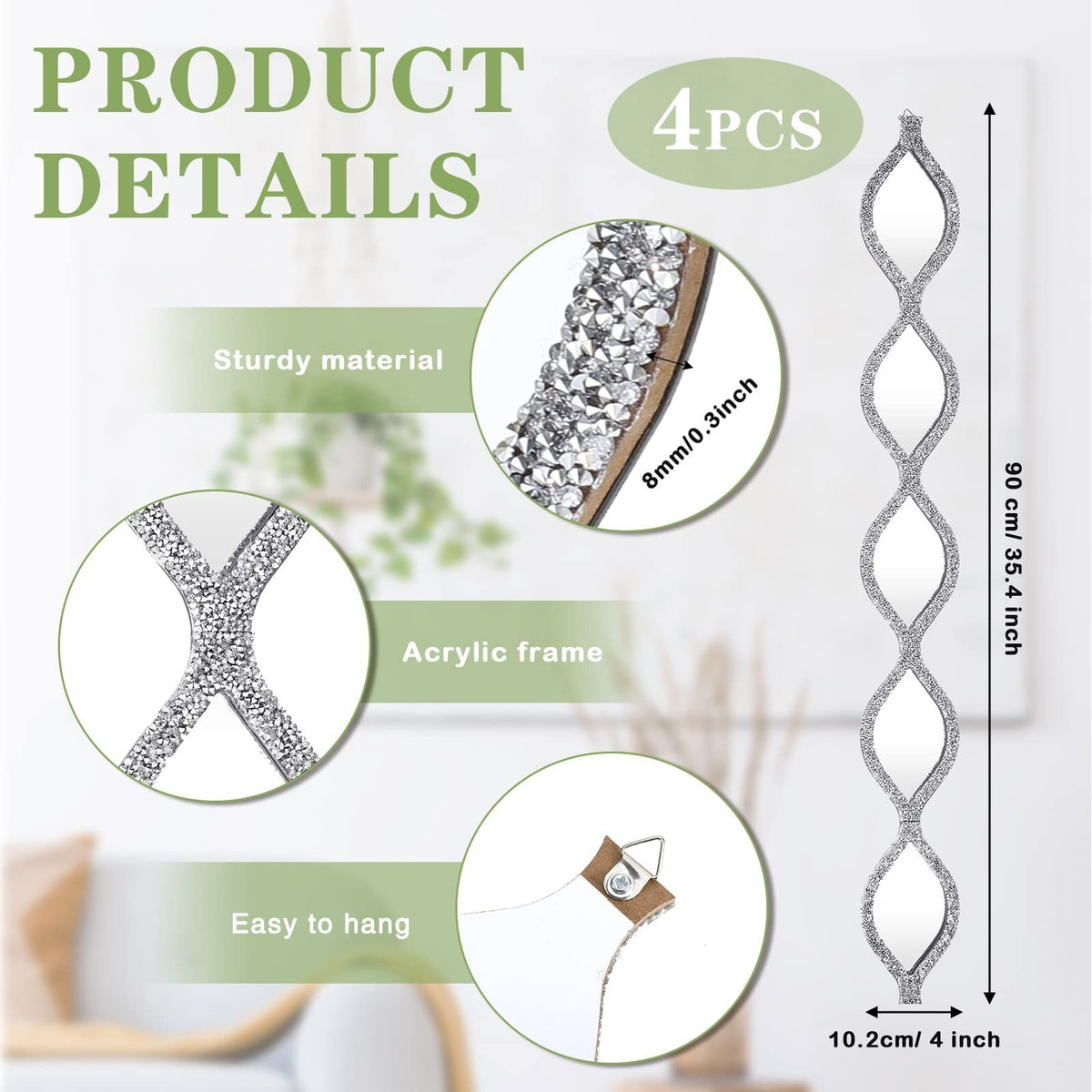 Teardrop Mirror Wall Decor Set - Rustic Diamond Crystal Farmhouse 4-Piece