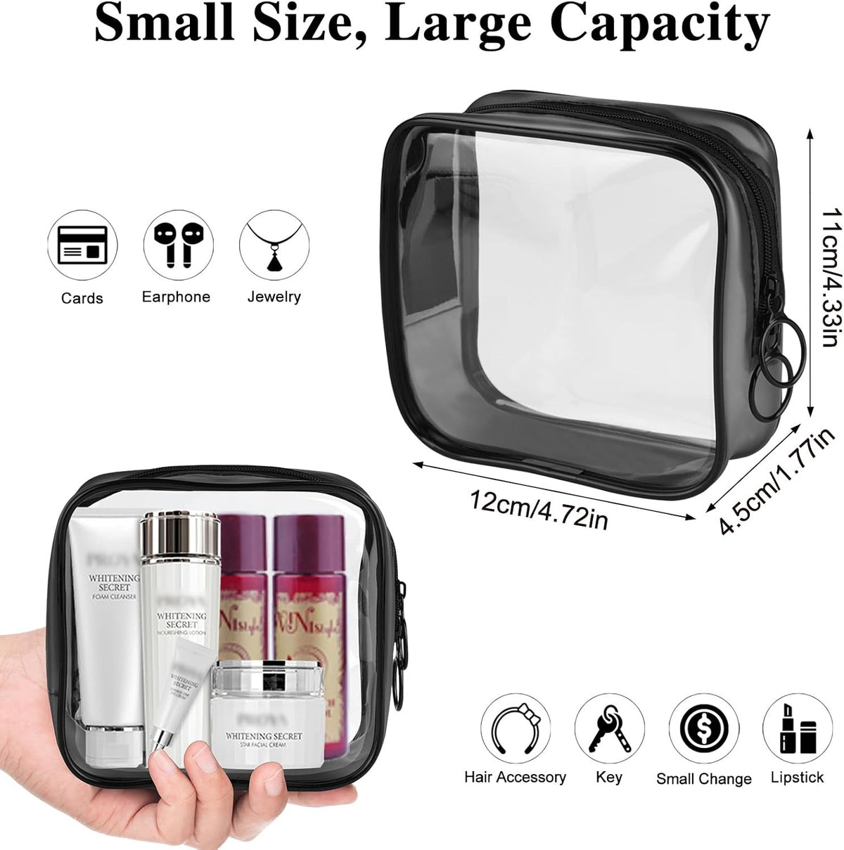 Small Clear Travel Toiletry Bag with Zipper TSA Approved Waterproof Makeup Organizer - Black
