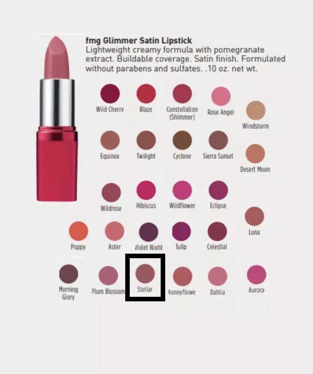 Glimmer Satin Lipstick - Stellar Shade, Full Size 0.1 Oz, Smooth & Creamy