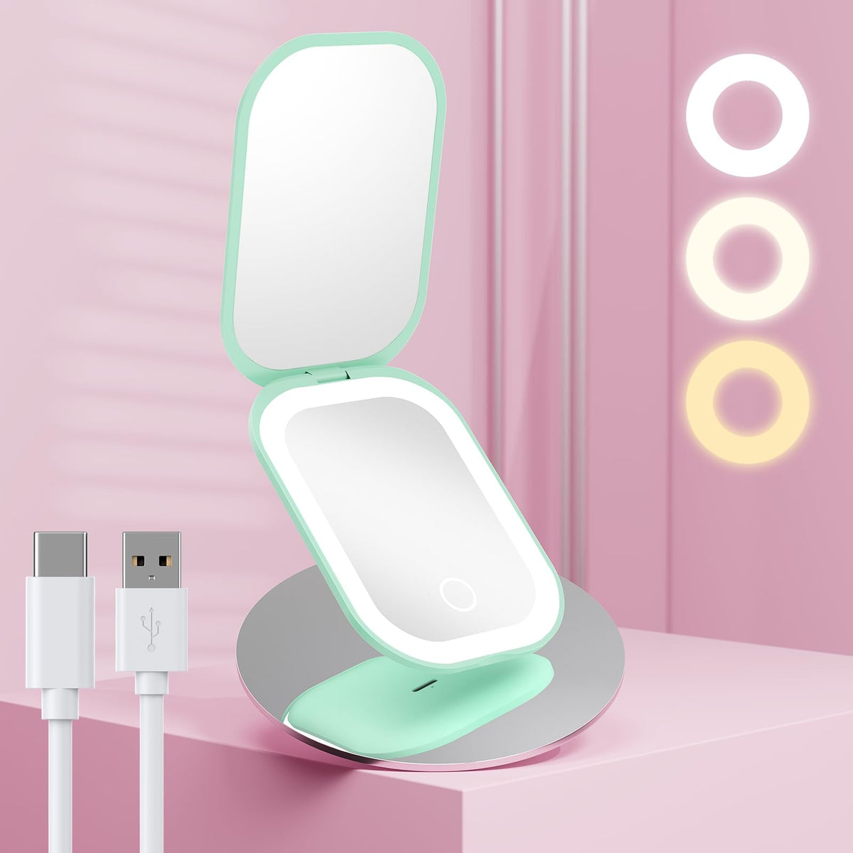 Lighted Compact Travel Mirror with 3 Color Lights 1X/3X Magnification - Green