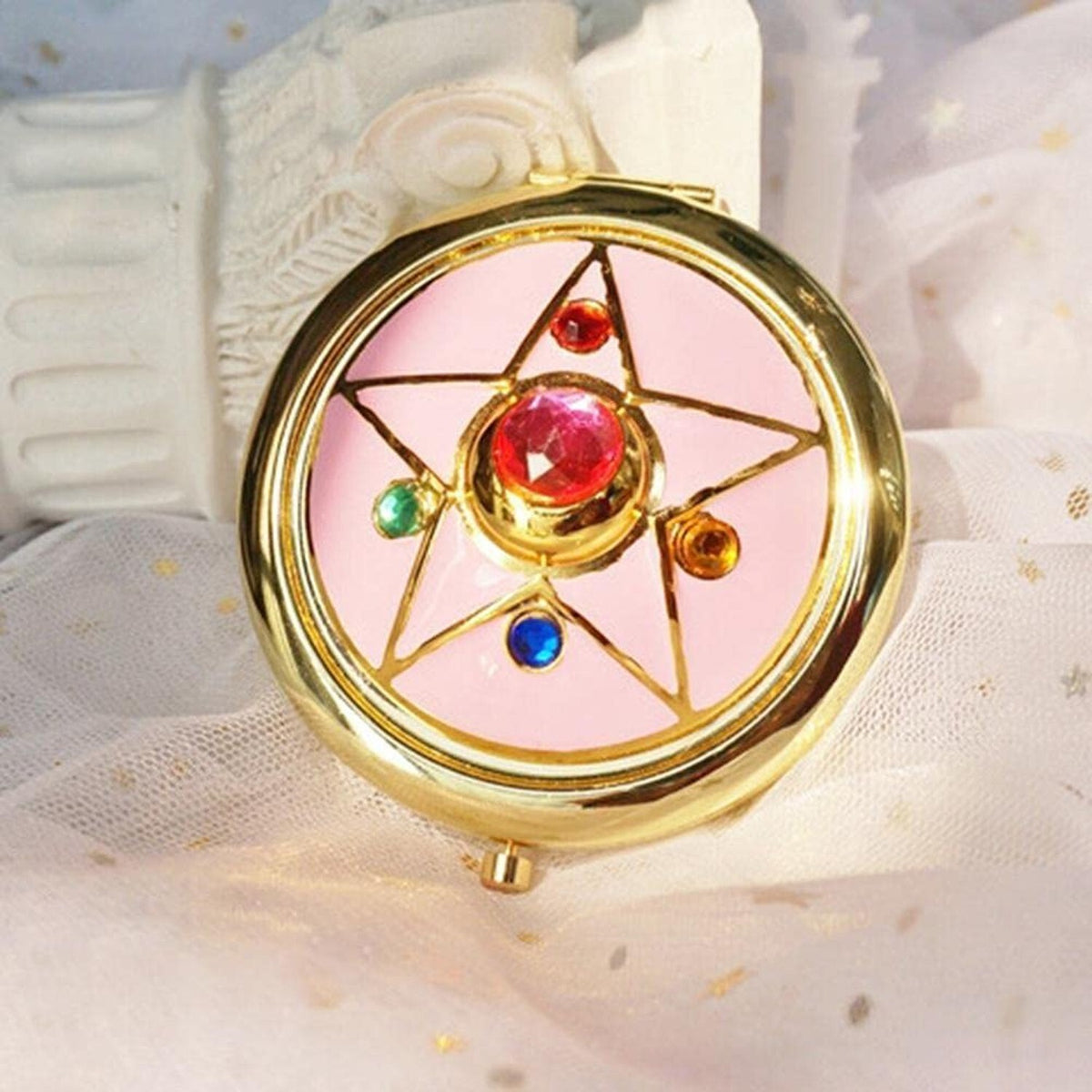 Anime Star Makeup Mirror - Portable Pink Compact Handheld Crystal Design