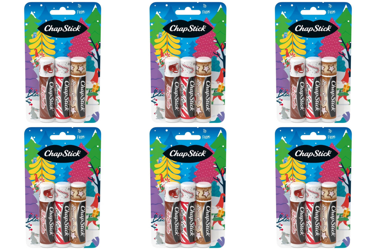 Holiday Lip Balm Set - 6 Pack, Candy Cane, Sugar Cookie, Hot Chocolate Flavors