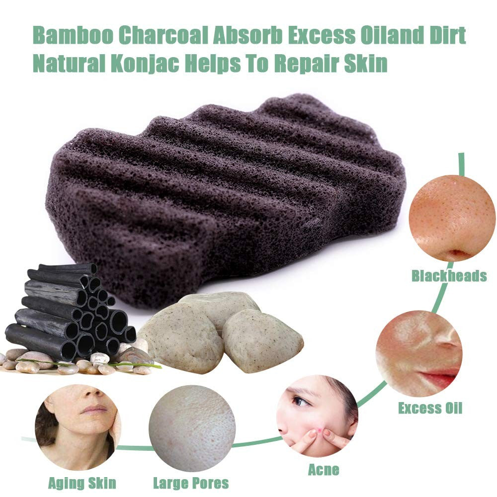 Set of 4 Natural Konjac Body Sponges with Bamboo Charcoal for Gentle Exfoliation