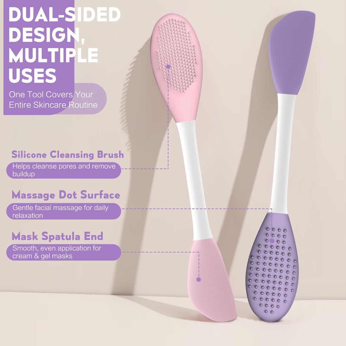 Silicone Pore Cleansing Brush Set - Dual-Ended Face Mask Applicator & Face Scrubber - Purple & Pink