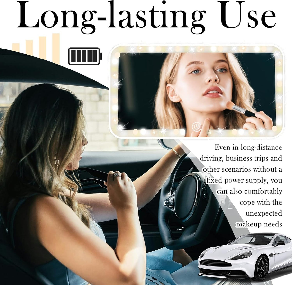 Rechargeable LED Car Vanity Mirror with Lights Touch Control White