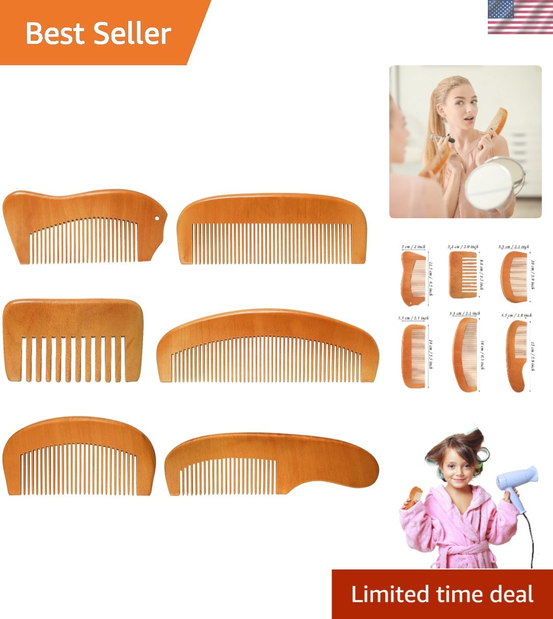 Natural Sandalwood Comb Set - 6 Anti-Static Grooming Combs for Hair & Scalp