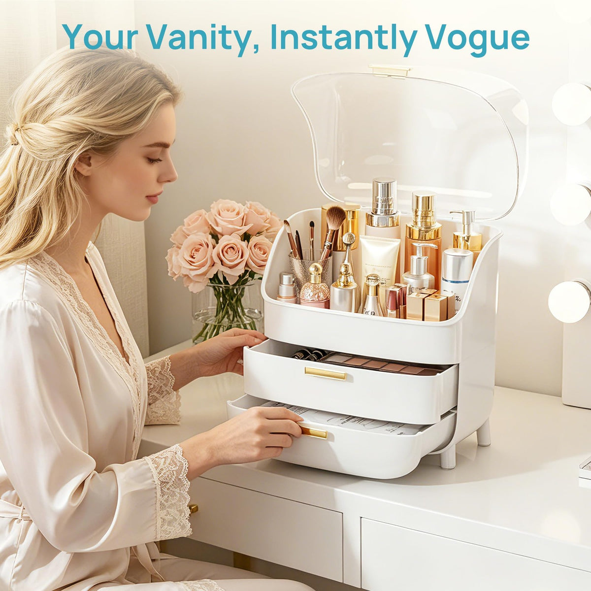 3-Tier Skincare Makeup Organizer with Drawers and Dustproof Lid - White