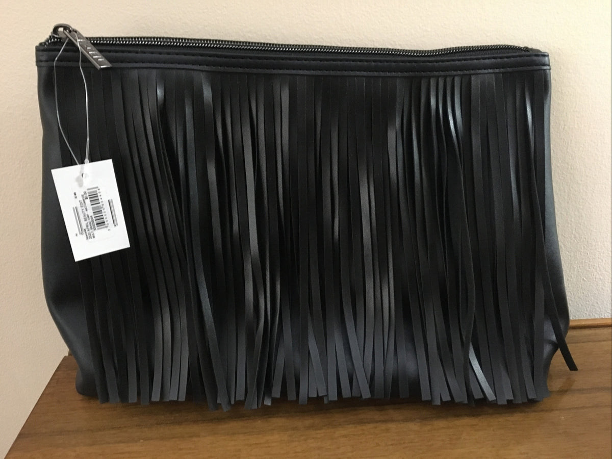 Black Faux Leather Makeup Bag with Fringe - Travel Cosmetic Case