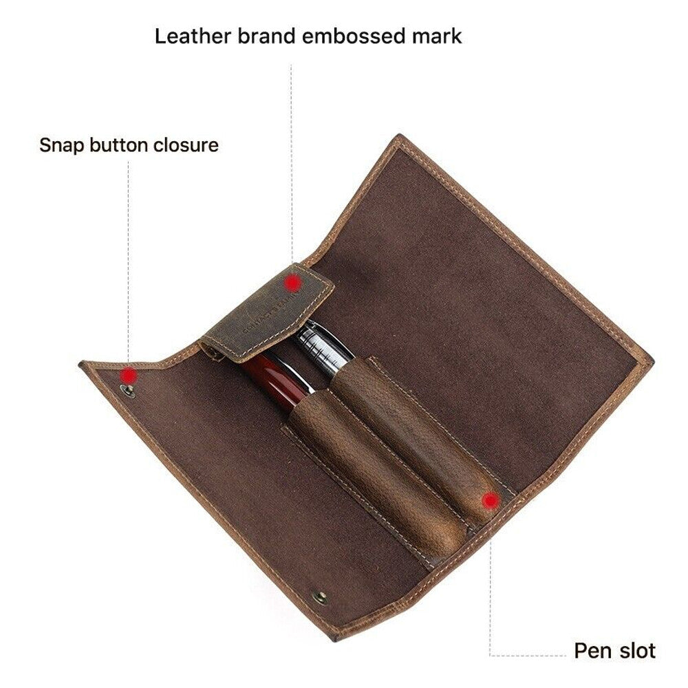 Handmade Leather Pen Pouch Zipper Pencil Case Stationery Storage Box Gift